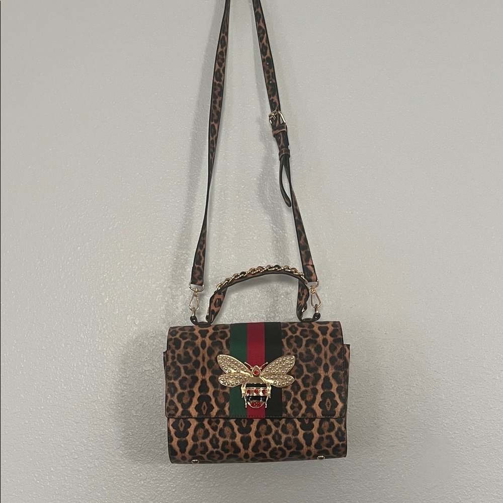 Leopard Print Crossbody Bag with Gold Bee Accent
